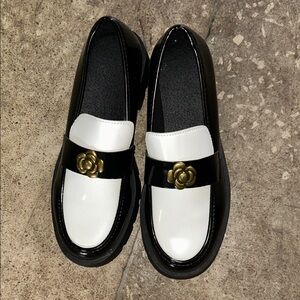 Black and White Loafers with Gold Rose Accent